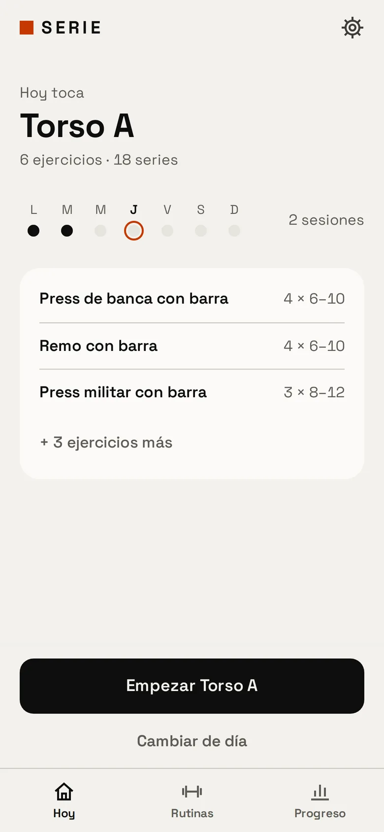 Pantalla Hoy de SERIE: día Pierna B con seis ejercicios y el botón Empezar