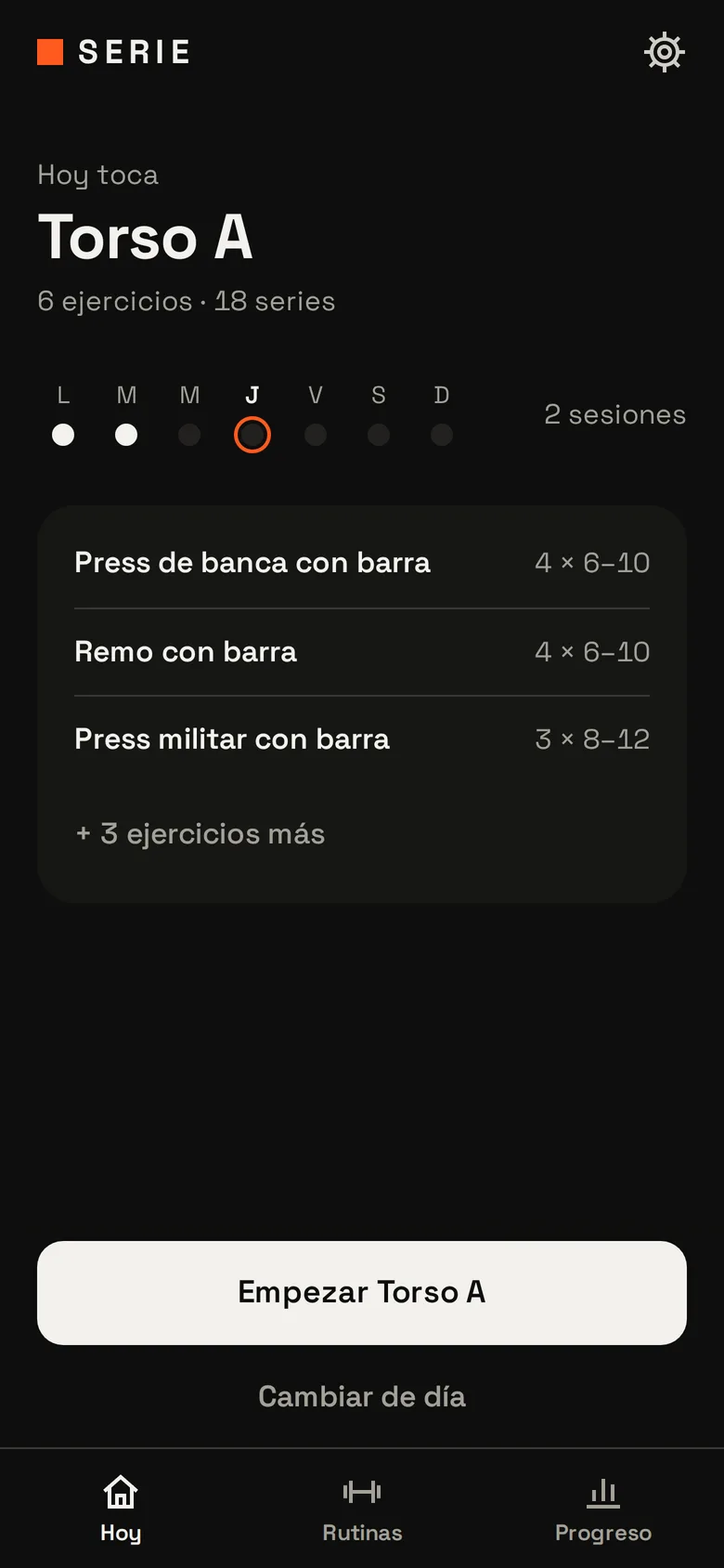 Pantalla Hoy de SERIE: día Pierna B con seis ejercicios y el botón Empezar