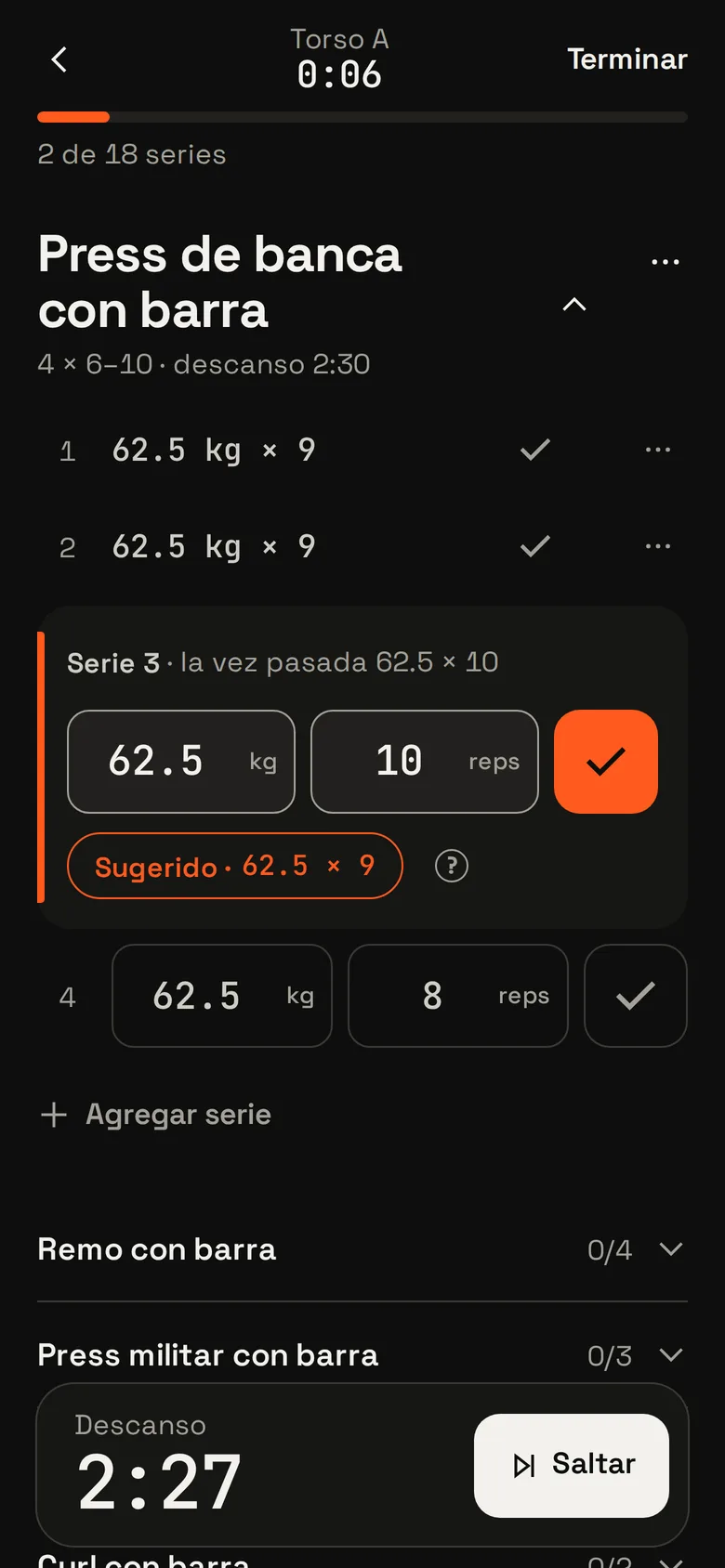 Sesión de peso muerto: dos series de 115 kg registradas, los discos por lado y el descanso en 2:25